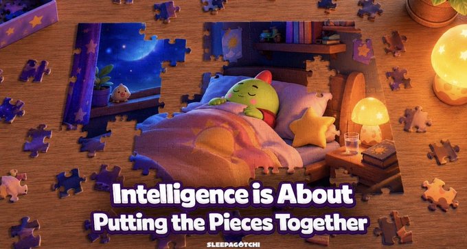 A green character peacefully sleeps in a cozy bedroom scene depicted within an in-progress jigsaw puzzle, with the text "Intelligence is About Putting the Pieces Together" by Sleepagotchi displayed below. The puzzle imagery visually reinforces the post's message about how Sleepagotchi assembles fragmented sleep data into meaningful, personalized AI-driven wellness insights rather than just reporting isolated metrics.