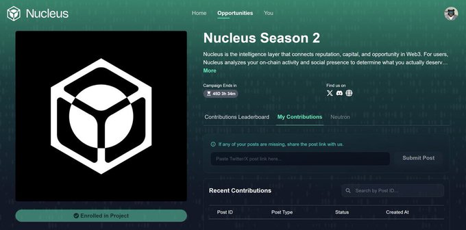 A screenshot of the Nucleus Season 2 platform interface shows the "My Contributions" tab with a campaign ending in 6 days and 34 hours, alongside a note that users can submit missing Twitter/X post links. The page corresponds to the active $aura contribution campaign offering 5,000 direct reward spots for ecosystem engagement.