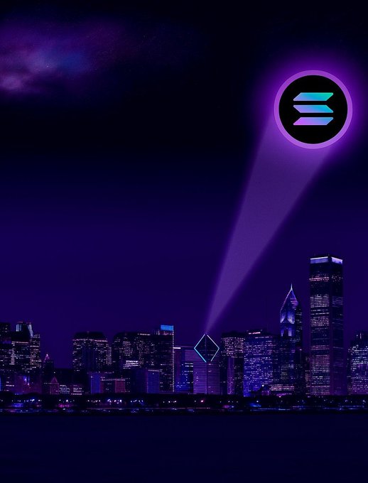 A nighttime cityscape of Chicago featuring the Solflare (SOL) cryptocurrency logo with purple neon glow shining as a beacon over the skyline and lake.