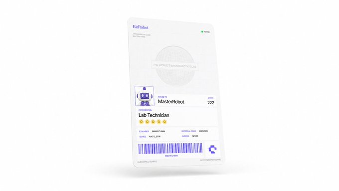An ID card for "MasterRobot" (#222) titled "Lab Technician" from BitRobot, displaying an "ACTIVE" status, a 5-star rating, and a barcode at the bottom—fitting the post's call for users to showcase their Lab Access IDs from the @BitRobotNetwork.