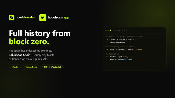 Promotional graphic for hood.domains and hoodscan.app advertising 'Full history from block zero' for the Robinhood Chain, showing API code for querying blocks and transactions.
