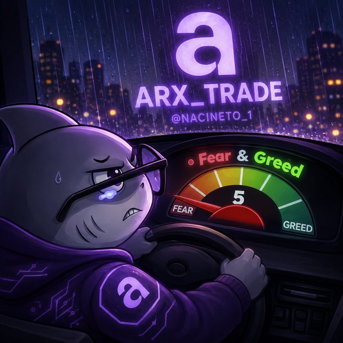 A cartoon shark character wearing glasses and a tech hoodie sweats nervously while gripping a steering wheel, staring at a "Fear & Greed" dashboard meter indicating a level 5 with the needle in the red "Fear" zone, set against a rainy night cityscape. The image ties to the accompanying post by visually embodying the emotional tension of trading—frozen in fear—which ARX_TRADE aims to address by transforming chaotic market sentiment into actionable insights.