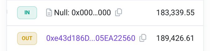A blockchain transaction interface showing an IN transaction from 'Null: 0x000...000' for 183,339.55 and an OUT transaction to '0xe43d186D...05EA22560' for 189,426.61.