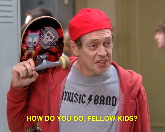 A meme featuring Steve Buscemi in a red cap and hoodie holding a skateboard with stickers, wearing a 'Music Band' t-shirt, with the caption 'HOW DO YOU DO, FELLOW KIDS?' in yellow text.