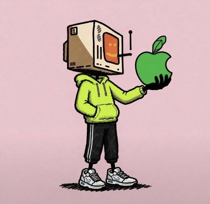 A cartoon illustration on a pink background shows a character with a computer monitor for a head wearing a yellow hoodie and black pants, holding a green Apple logo that has a bite taken out of it.