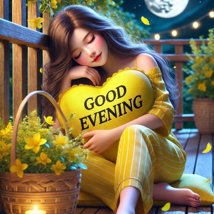 The image features a woman sitting on a wooden porch with her legs crossed while holding a large yellow pillow that says "Good Evening" written on it. The background of the photo shows a beautiful garden filled with flowers, adding a serene atmosphere to the scene. The caption for this image reads, "This isn't just another network update... this is Quip Network entering a new phase of momentum @quipnetwork continues to evolve from early-stage experimentation into something far more structured and utility-driven".