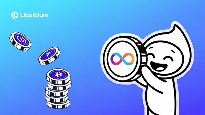 A cheerful cartoon mascot holds a coin emblazoned with the Liquidium (Liquidity) infinity-style logo against a blue gradient background, alongside a stack of Bitcoin coins and other token coins. The Liquidium branding in the corner ties into the post's announcement that $ICP holders have helped reach $1M in active loans on @LiquidiumFi, with the mascot symbolizing how ICP is becoming productive collateral in Bitcoin DeFi.
