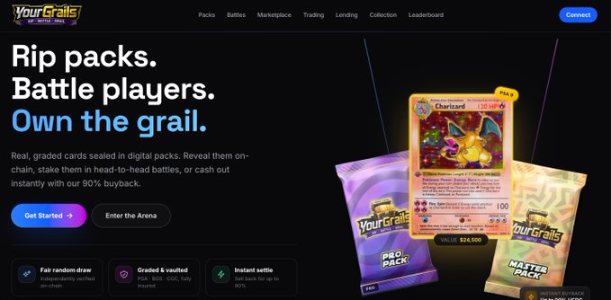 Website homepage for 'YourGrails' with the tagline 'Rip packs. Battle players. Own the grail.' showing a featured 'Charizard' Pokémon card valued at $24,500.