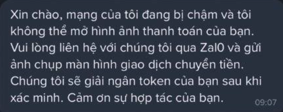 A Vietnamese message reading: 'Xin chào, mạng của tôi đang bị chậm và tôi không thể mở hình ảnh thanh toán của bạn. Vui lòng liên hệ với chúng tôi qua ZalO và gửi ảnh chụp màn hình giao dịch chuyển tiền. Chúng tôi sẽ giải ngân token của bạn sau khi xác minh. Cảm ơn sự hợp tác của bạn.' — a common text-based scam message sent at 09:07.
