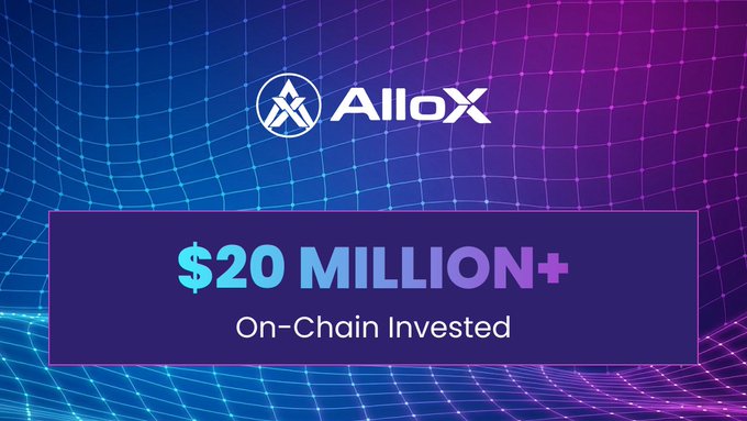 An AlloX promotional banner reads "$20 MILLION+ On-Chain Invested" against a blue and purple digital grid background.