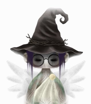 An artistic illustration of a witch or fairy figure wearing a black pointed hat and round glasses, with ethereal wings and a green dress.