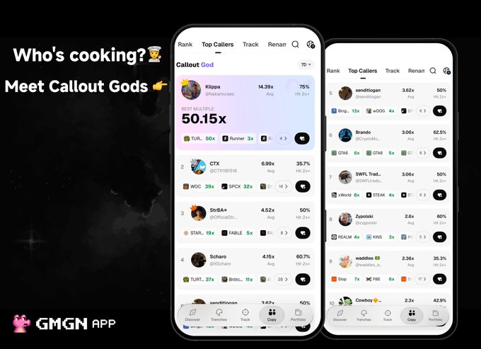 The image shows two cell phones, both of which are displaying a leaderboard for a game called "Callout Gods". The phones are positioned side by side against a black background. The text displayed on the phones reads "Who's cooking? Callout Gods", indicating that they are discussing or comparing their gaming experiences related to the game.