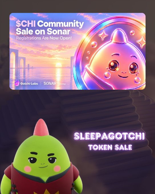 A promotional graphic for the '$CHI Community Sale on Sonar' featuring a cute round character and a green goblin-like figure, with text 'SLEEPAGOTCHI TOKEN SALE' and branding for Gotchi Labs and SONAR