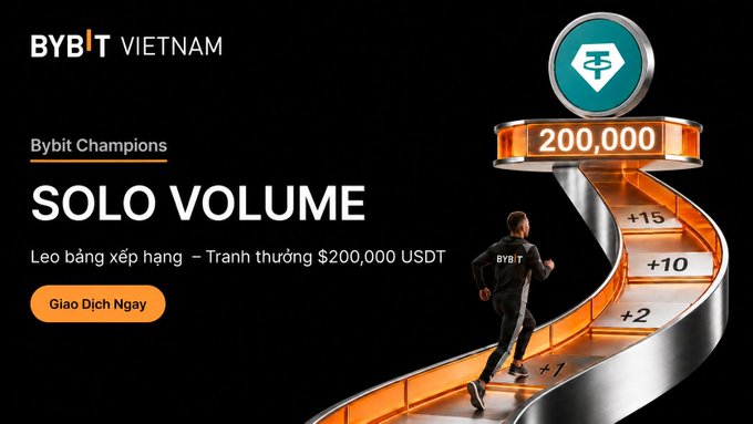 The image features a man running up a staircase, with a large coin at the top of the stairs. The caption below the image reads "Bybit Vietnam", which indicates that this is an advertisement for cryptocurrency trading services. The main focus of the image is on the coin and its placement atop the staircase, symbolizing the upward movement or growth in value associated with cryptocurrency investments.