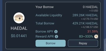 A dark-themed financial interface for 'HAEDAL' cryptocurrency displays a Borrow APY of 31.59%, Available Liquidity of 289.26K HAEDAL, and Total Borrow of 429.21K HAEDAL, with Borrow and Repay buttons at the bottom.