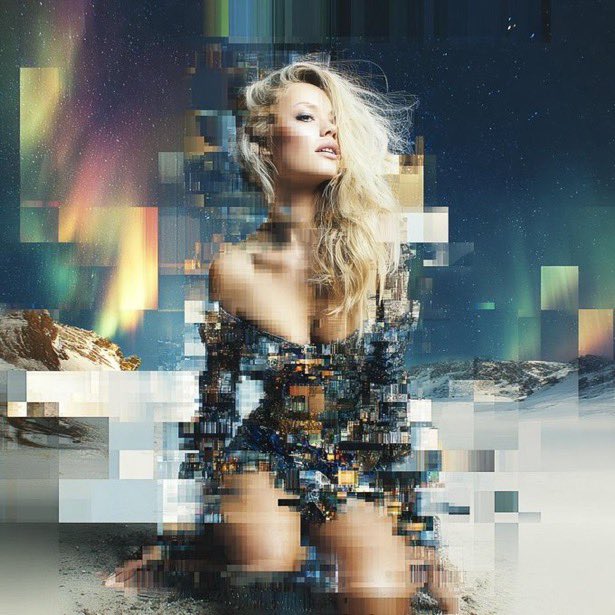 A digitally manipulated portrait of a blonde woman in a sparkly dress, partially obscured by pixelated and glitch-art distortion effects against a cosmic aurora background.