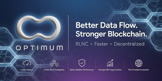 A promotional graphic for 'OPTIMUM' featuring a stylized logo and the tagline 'Better Data Flow. Stronger Blockchain.' along with features like 'RLNC', 'Faster', and 'Decentralized'.