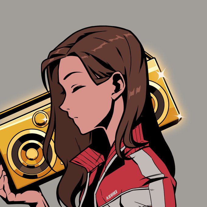 An anime-style illustration shows a brown-haired girl in a red and white jacket with "ASUNO" text, standing in front of large golden speakers.