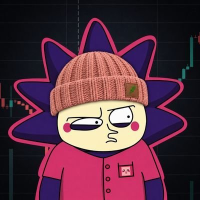 A stylized cartoon character with a pink beanie and pink shirt, displaying a skeptical expression against a dark background with faint stock chart elements.