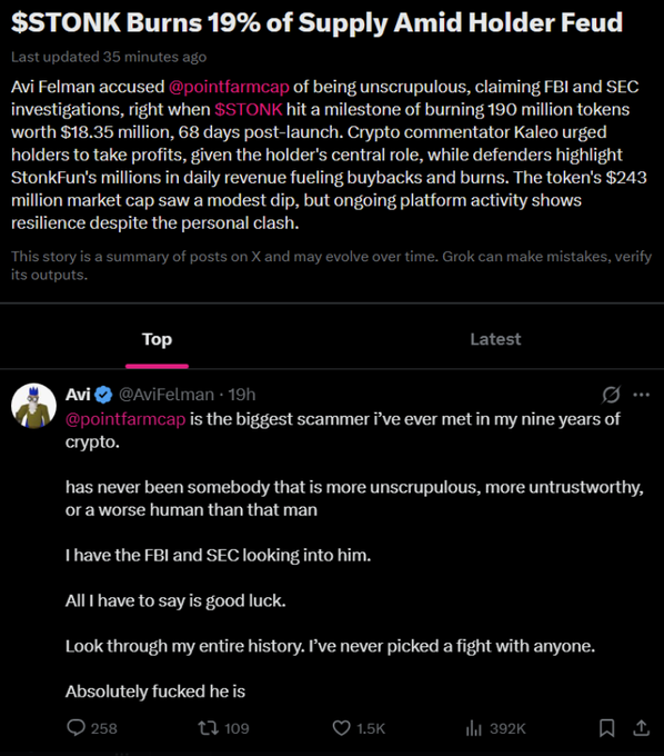 A news summary titled '$STONK Burns 19% of Supply Amid Holder Feud' describing a conflict between Avi Felman and @pointfarmcap, including a quoted X post calling pointfarmcap the 'biggest scammer'.