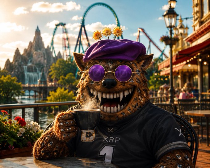 An AI-generated illustration of a fierce werewolf-like mascot character wearing purple sunglasses, a purple beret, and an XRP-branded black jersey (#1), sipping coffee at an outdoor café with a roller coaster in the background.