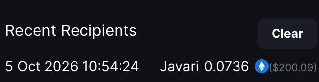 A dark-themed screenshot shows a "Recent Recipients" list with a "Clear" button, displaying a transaction entry dated 5 Oct 2026 10:54:24 to "Javari" for 0.0736 ETH ($200.09) with a blue Ethereum icon. The image confirms the $200 giveaway sent to @Itsjavari via the Ethereum cryptocurrency.