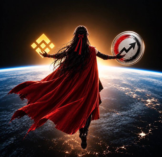 A warrior woman with long dark hair and a flowing red cape floats above Earth, holding a glowing Binance (BNB) symbol in her left hand and a red cryptocurrency coin in her right.
