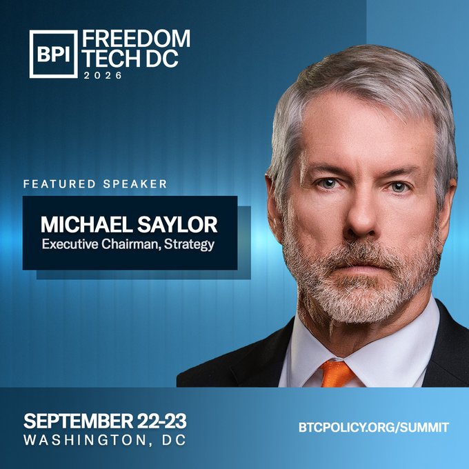 Promotional graphic for the BPI Freedom Tech DC 2026 summit (September 22-23 in Washington, DC), featuring a headshot of Michael Saylor, Executive Chairman of Strategy, as a featured speaker—aligned with the post announcing his upcoming talk on Bitcoin's "civilizational importance" with a livestream at 2pm ET on @bitcoinpolicy.