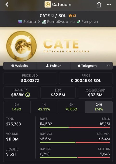 The image shows a DexScreener-style analytics page for CATE (Catecoin) on Solana via PumpSwap, displaying a $0.03372 price, $32.5M market cap, $838K liquidity, and a striking 174% gain over 24 hours with 275,733 transactions. The data directly supports the post's question by revealing the key metrics behind CATE's rapid climb to a $30M market cap, including heavy trading volume of $11M and a slight buy-side dominance (114,582 buys vs 161,151 sells).