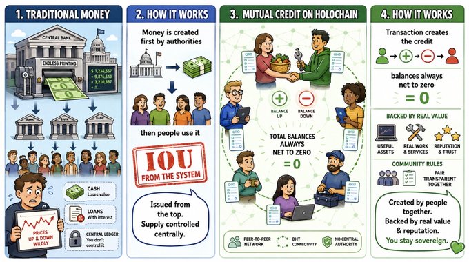 An infographic titled "TRADITIONAL MONEY" and "MUTUAL CREDIT ON HOLOCHAIN" compares centralized banking systems with decentralized peer-to-peer networks, highlighting text like "TOTAL BALANCES ALWAYS NET TO ZERO" and "You stay sovereign."