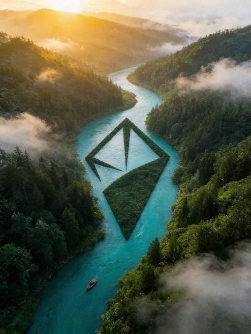 An aerial landscape view of a turquoise river winding through forested mountains with mist, featuring a large Ethereum logo-shaped landmass/island in the middle of the river with a small boat passing by.
