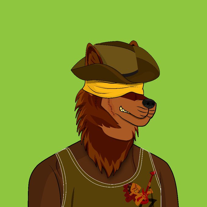 A cartoon illustration of an anthropomorphic bear wearing a brown cowboy hat with a yellow bandana over its eyes, a brown shirt featuring a guitar-playing character, set against a green background.