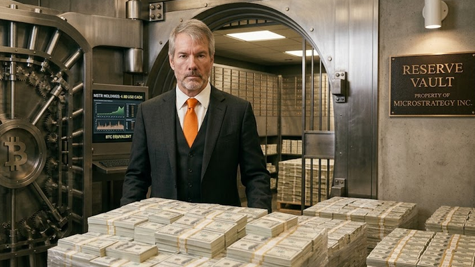 Michael Saylor stands behind stacks of cash inside a vault marked "RESERVE VAULT - PROPERTY OF MICROSTRATEGY INC." with a Bitcoin logo on the vault door, visually representing the company's $6.54B cash position amid its $176M STRC preferred shares buyback with no changes to its BTC holdings.