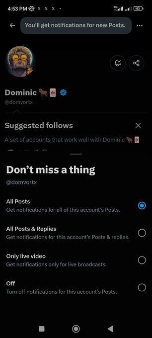 A mobile screenshot shows Twitter/X notification settings for the account "Dominic 🐄🐂 (@domvortx)" with options including "All Posts," "All Posts & Replies," "Only live video," and "Off."
