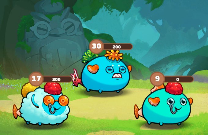 A trio of colorful cartoon-style fish characters from Axie Infinity stand in a lush jungle setting, each displaying their unique traits with numbers reading 17/200, 30/200, and 9/0 above them. The image illustrates the classic Axie team composition concept referenced in the post, showcasing varied battle stats and the whimsical creature designs that make up popular competitive lineups in the game.