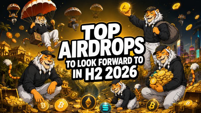 A promotional graphic titled 'TOP AIRDROPS TO LOOK FORWARD TO IN H2 2026' features anthropomorphic tigers with parachutes, coins, and cryptocurrency logos like Bitcoin and Solana.
