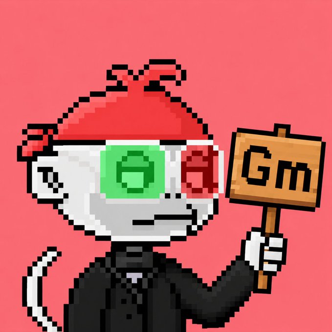 A pixel art character wearing a red bandana and 3D glasses holds a wooden sign reading 'Gm' against a pink background.
