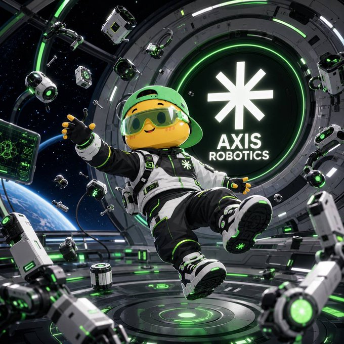 The image features a cheerful yellow mascot in a futuristic spacesuit floating weightlessly inside a high-tech space station, surrounded by floating robotic devices and glowing green lights, with "AXIS ROBOTICS" branding prominently displayed. The scene visually captures the scale and innovation behind Axis Robotics' impressive metrics—150k contributors, 3.7M trajectories, 42k hours of data, and 4k active tasks—depicting the advanced infrastructure operating seamlessly in the background, much like the post emphasizes.