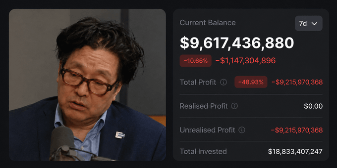 The image displays a screenshot of a person wearing eyeglasses, sitting at a desk with an empty computer screen. Above this individual, there is a list showing their current account balance as $9.66 billion. The bottom portion of the image focuses on another aspect of the situation by displaying information about Tom Lee's BitMINE asset. It states that Tom Lee's BitMINE asset has been worth $9.2 billion at its current value and that it is sitting on $8.6 million in unrealized losses. This post seems to be discussing a possible financial deal or transaction involving this person, known as "Tom Lee."
