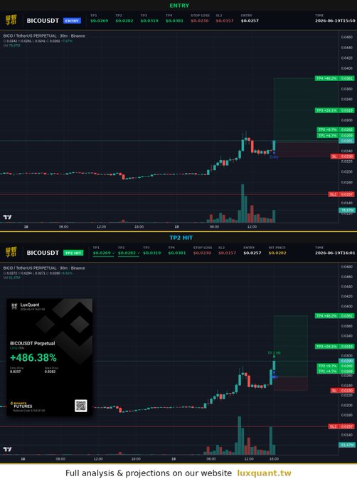 The image shows a graph of Bitcoin prices over time, with two lines on it. The first line represents Bitcoin's price over the past twelve minutes, while the second line represents Bitcoin's price at that moment as compared to its entry point. The image also includes a description and a quote about analyzing Bitcoins using BICO indicators. The post title reads "Full analysis & projections on our website Lux Quant".