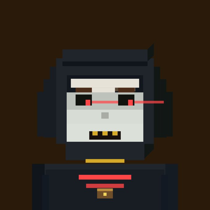 A pixel art character with a gray face, glowing red eyes, and dark hair, featuring red scar markings on its body.