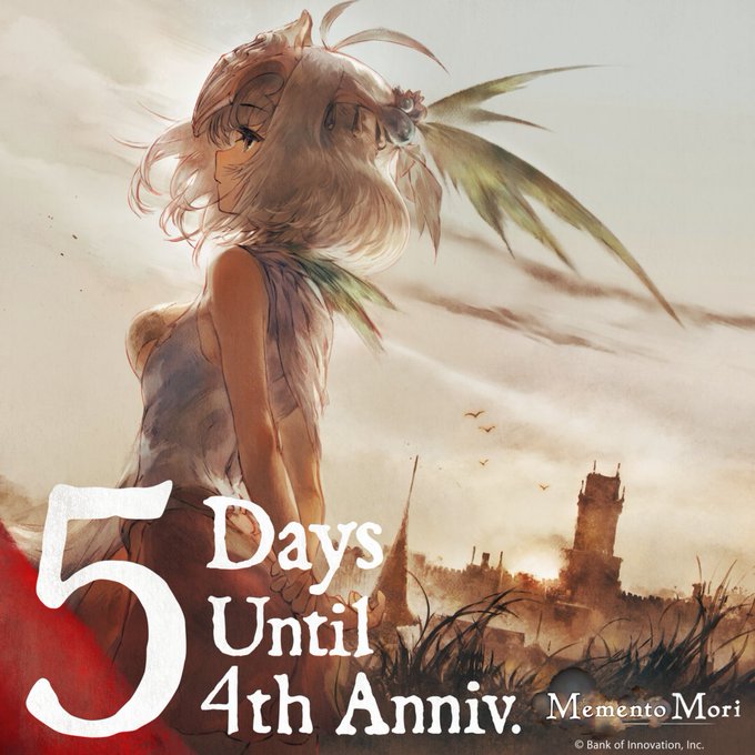 Artwork from Memento Mori featuring a blonde girl with feathers in her hair looking back, with text reading '5 Days Until 4th Anniv.' and '© Bank of Innovation, Inc.'