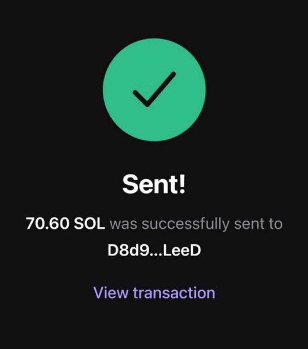 A confirmation screen shows a successful transfer of 70.60 SOL to the wallet address D8d9…LeeD, reinforcing the post's claim of a giveaway by providing tangible proof of the funds sent.
