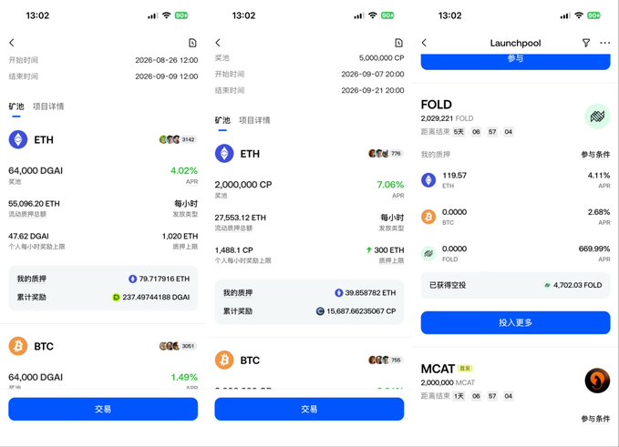Three side-by-side smartphone screenshots of a cryptocurrency/staking app interface showing details for ETH and BTC with values in DGAI, CP, and FOLD, featuring Chinese text and a "Launchpool" tab.