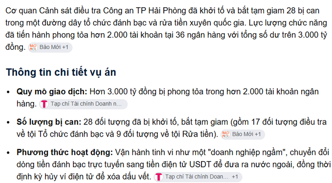 A Vietnamese news article detailing a major police operation in Hai Phong that arrested 28 suspects and froze over 3,000 billion VND across 2,000 bank accounts in gambling and money laundering cases.