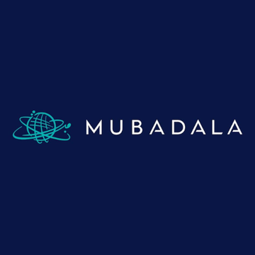 The image displays the official logo of Mubadala, featuring a teal atom-like emblem alongside the company's name in white text, all set against a dark navy blue background. The logo represents Mubadala, the Abu Dhabi-based sovereign wealth fund mentioned in the post as selecting SUI blockchain to manage $600 billion in country-backed assets.