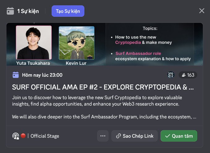 An event listing for 'SURF OFFICIAL AMA EP #2 - EXPLORE CRYPTOPEDIA' featuring hosts Yuta Tsukahara and Kevin Lure, scheduled for tonight at 23:00.