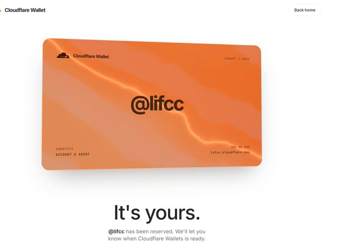 Cloudflare Wallet confirmation page showing the username '@lifcc' has been reserved as an identity/account & agent, with the message 'It's yours. We'll let you know when Cloudflare Wallets is ready.'