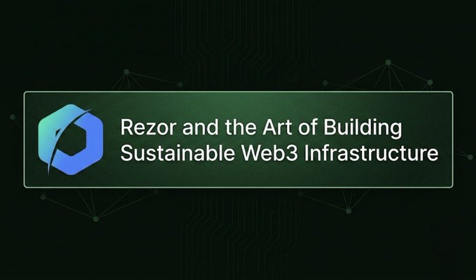 The image shows a dark banner with a hexagonal logo on the left and text reading "Rezor and the Art of Building Sustainable Web3 Infrastructure" against a network-themed background. It serves as a title card for content highlighting Rezor as a team that focuses on delivering rather than just talking in the Web3 space.
