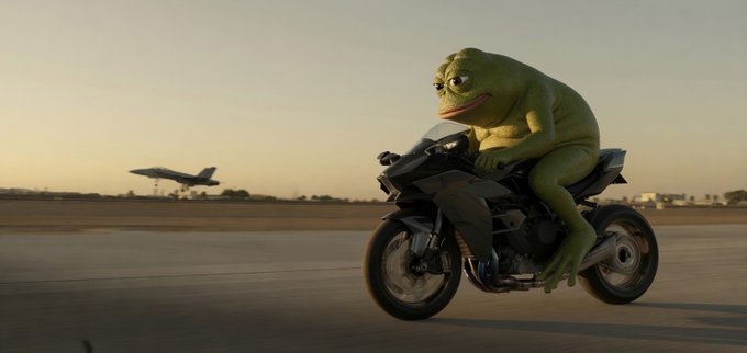 A whimsical digital rendering shows a green frog with a sly expression riding a black sport motorcycle on a runway, with an aircraft visible in the background.
